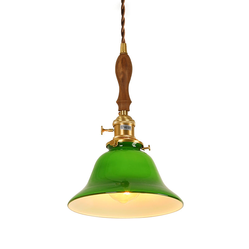 Brass Small Pendant Lighting Vintage Green Glass 1-Head Hanging Lamp with Rotary Switch