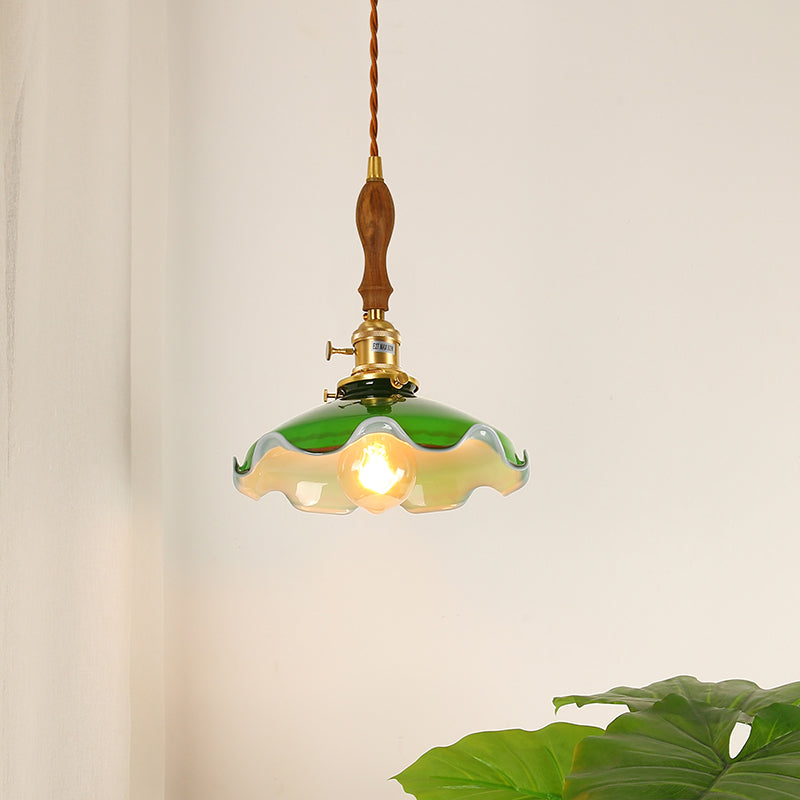 Brass Small Pendant Lighting Vintage Green Glass 1-Head Hanging Lamp with Rotary Switch