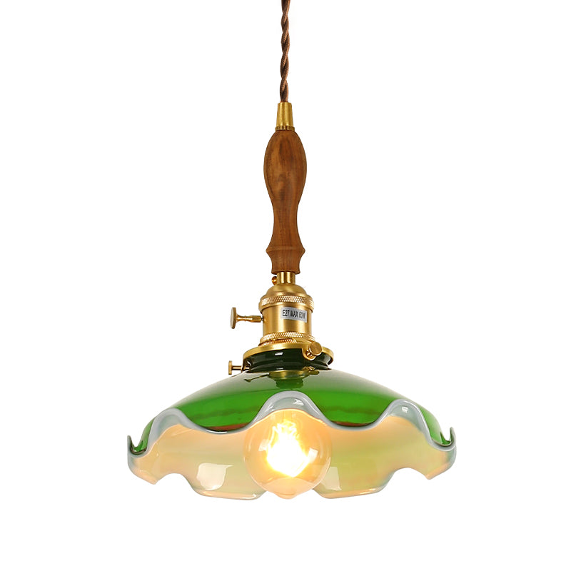 Brass Small Pendant Lighting Vintage Green Glass 1-Head Hanging Lamp with Rotary Switch