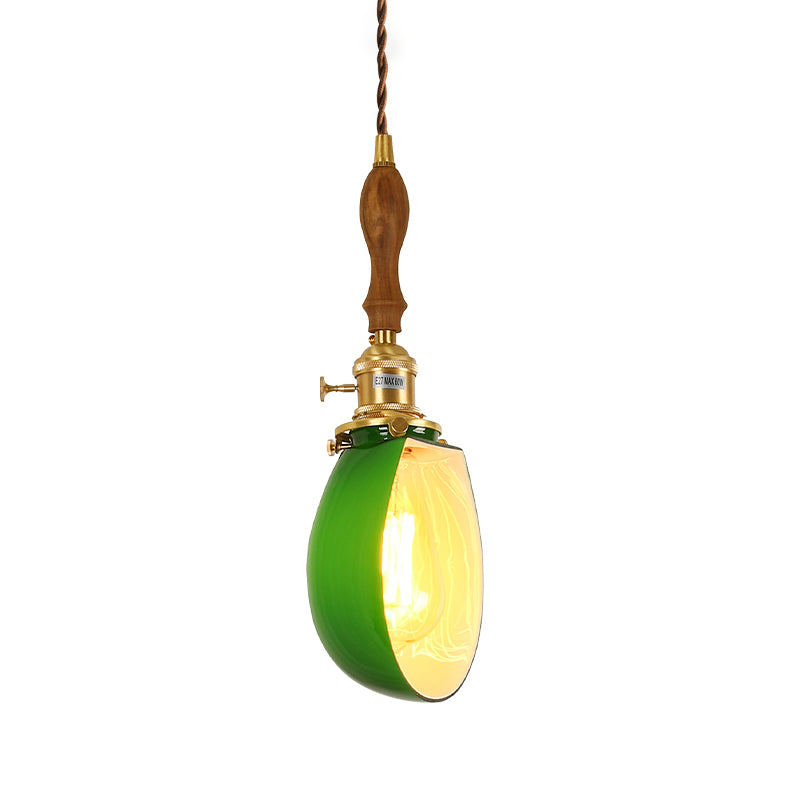 Brass Small Pendant Lighting Vintage Green Glass 1-Head Hanging Lamp with Rotary Switch