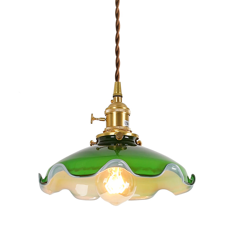 Brass Small Pendant Lighting Vintage Green Glass 1-Head Hanging Lamp with Rotary Switch