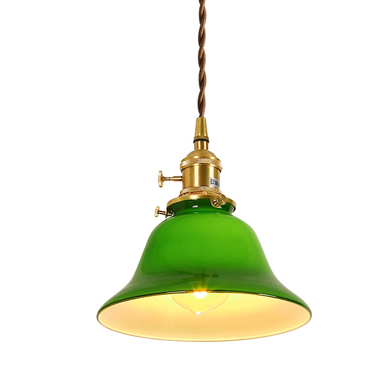 Brass Small Pendant Lighting Vintage Green Glass 1-Head Hanging Lamp with Rotary Switch