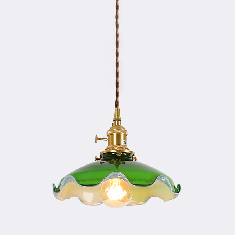 Brass Small Pendant Lighting Vintage Green Glass 1-Head Hanging Lamp with Rotary Switch