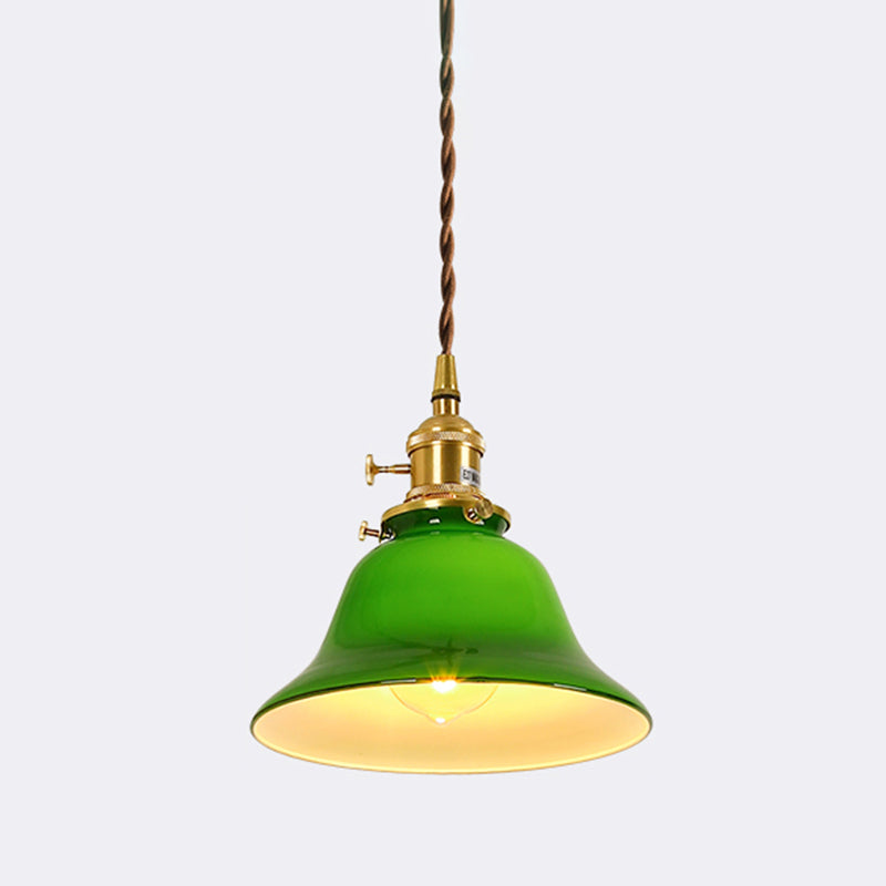 Brass Small Pendant Lighting Vintage Green Glass 1-Head Hanging Lamp with Rotary Switch