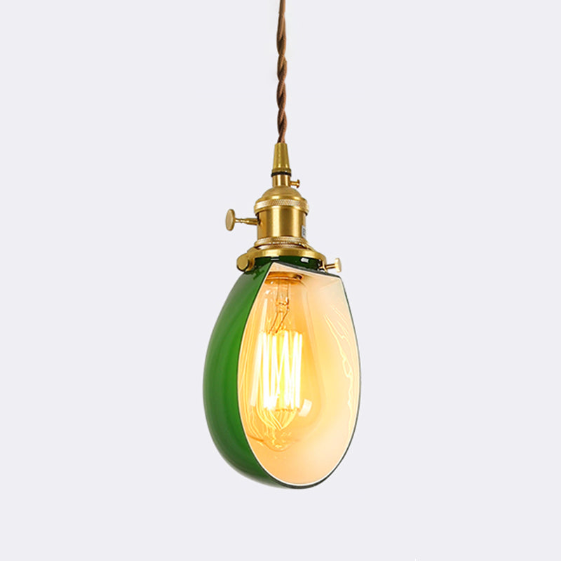 Brass Small Pendant Lighting Vintage Green Glass 1-Head Hanging Lamp with Rotary Switch