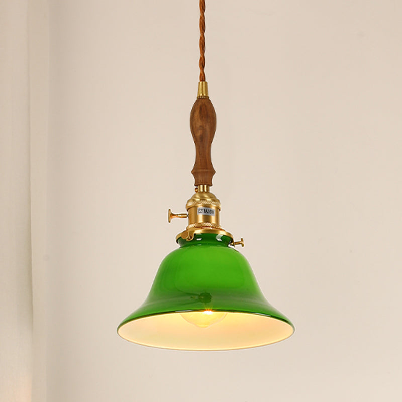 Brass Small Pendant Lighting Vintage Green Glass 1-Head Hanging Lamp with Rotary Switch