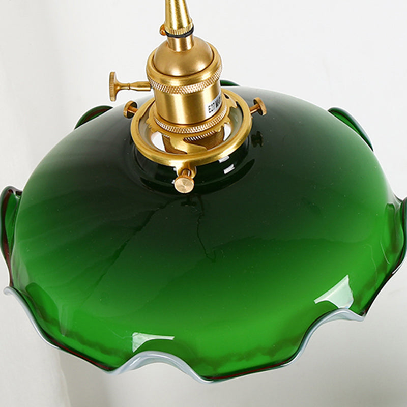 Brass Small Pendant Lighting Vintage Green Glass 1-Head Hanging Lamp with Rotary Switch