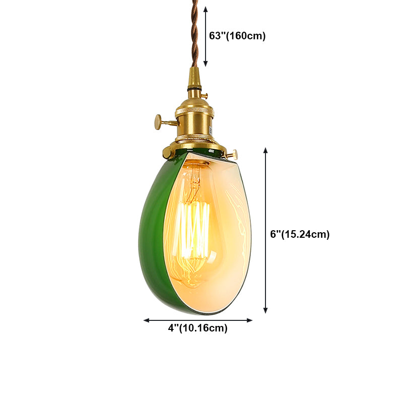 Brass Small Pendant Lighting Vintage Green Glass 1-Head Hanging Lamp with Rotary Switch