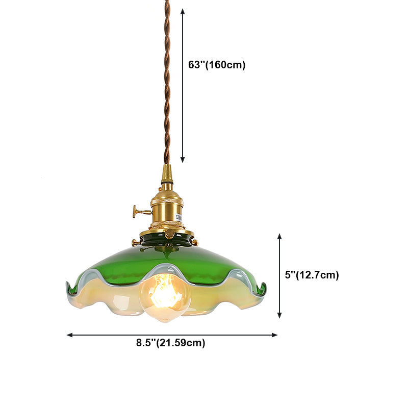 Brass Small Pendant Lighting Vintage Green Glass 1-Head Hanging Lamp with Rotary Switch