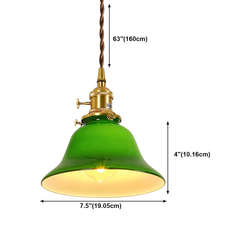 Brass Small Pendant Lighting Vintage Green Glass 1-Head Hanging Lamp with Rotary Switch