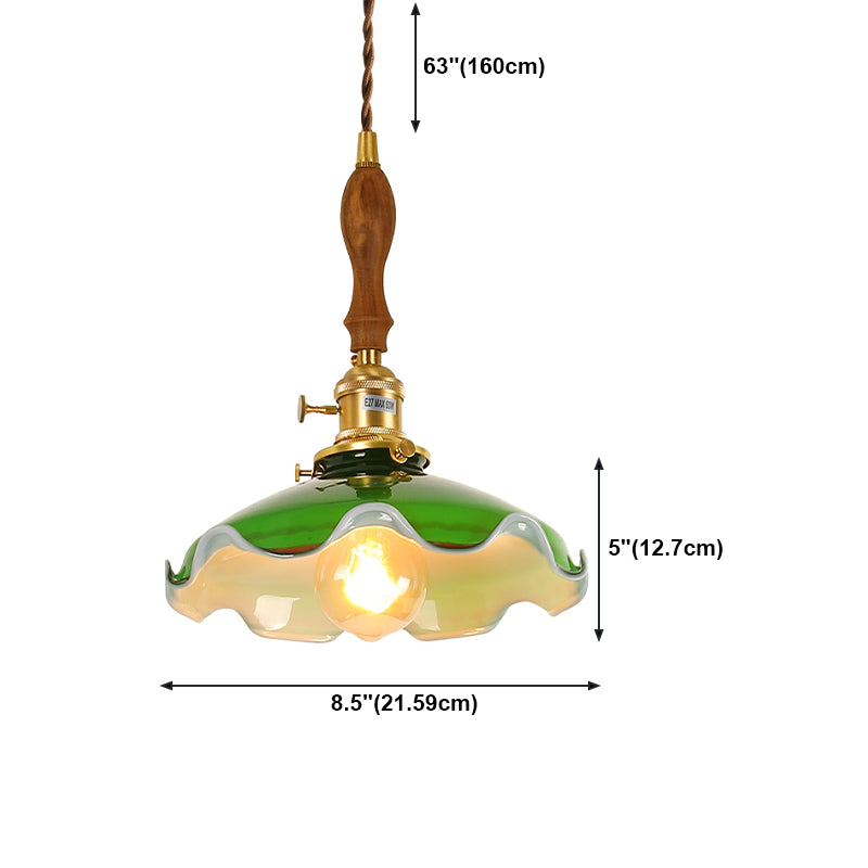 Brass Small Pendant Lighting Vintage Green Glass 1-Head Hanging Lamp with Rotary Switch