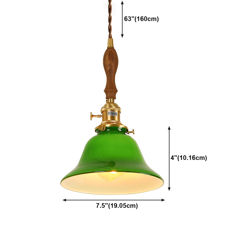 Brass Small Pendant Lighting Vintage Green Glass 1-Head Hanging Lamp with Rotary Switch