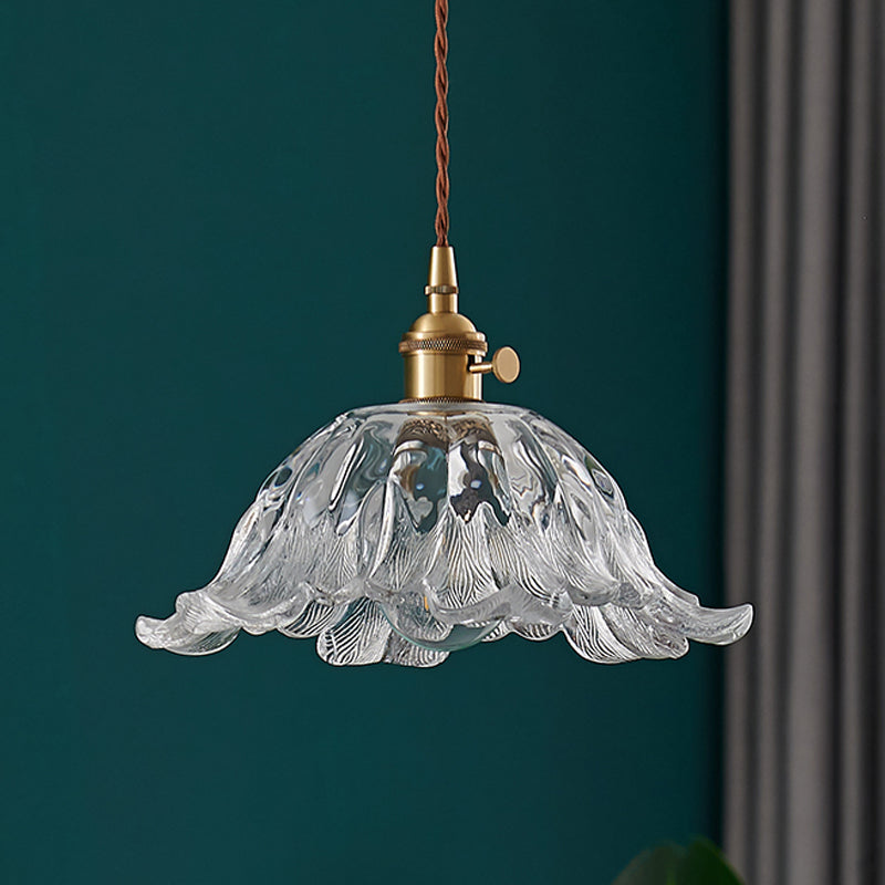 Clear Textured Glass Brass Pendant Floral 1-Light Vintage Hanging Light for Dining Room