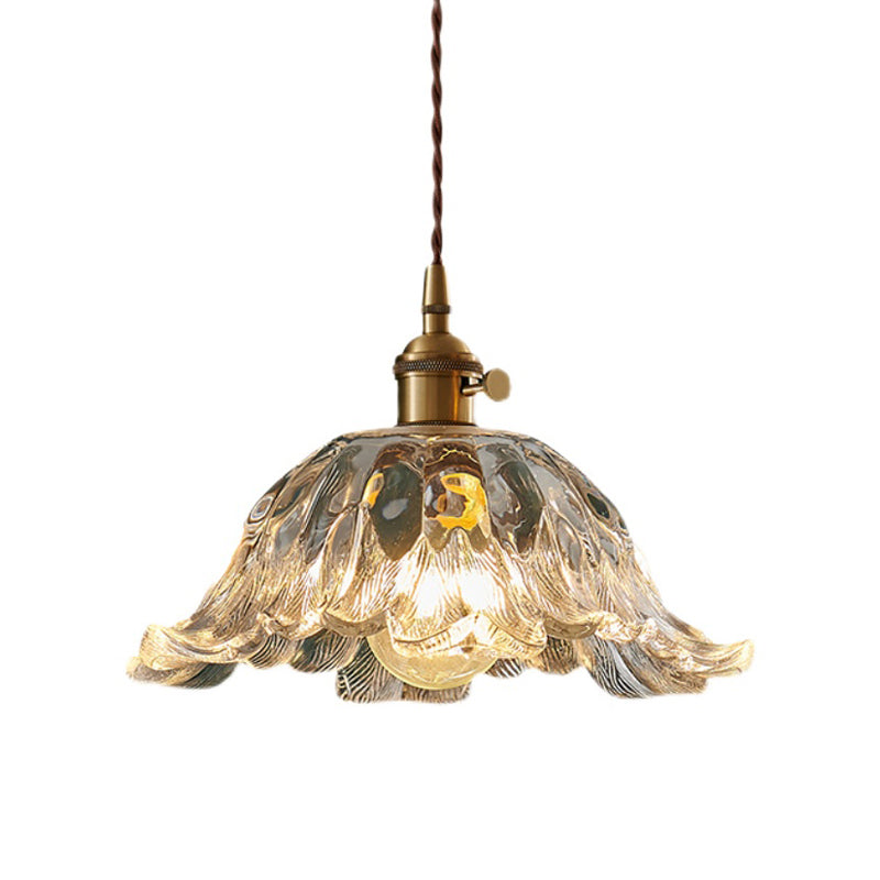 Clear Textured Glass Brass Pendant Floral 1-Light Vintage Hanging Light for Dining Room