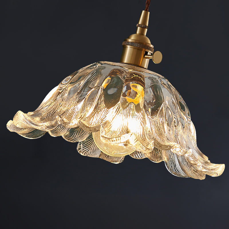 Clear Textured Glass Brass Pendant Floral 1-Light Vintage Hanging Light for Dining Room