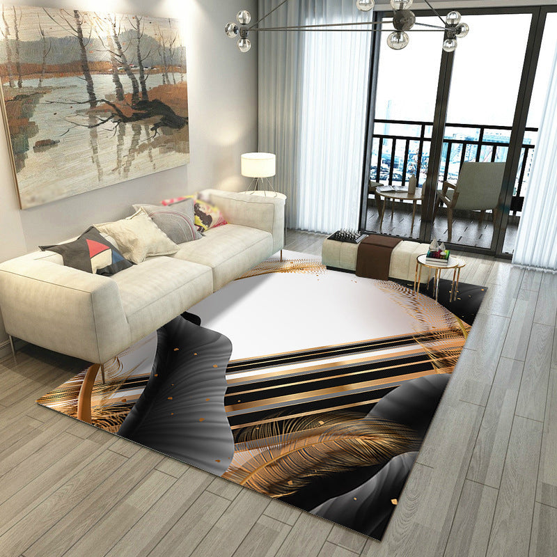 Black Modern Rug Polyester Polyester Feather Rug Stain Resistant Rug for Living Room
