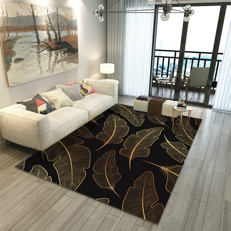 Black Modern Rug Polyester Polyester Feather Rug Stain Resistant Rug for Living Room