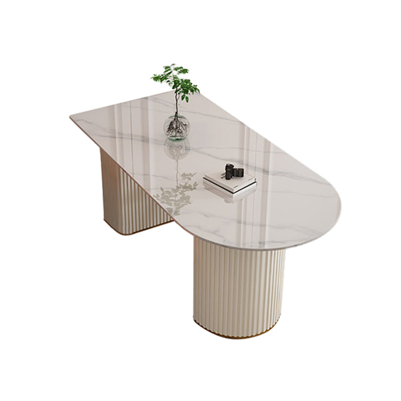 Sintered Stone Table for Restaurant Modern White Table with Double Pedestal Base
