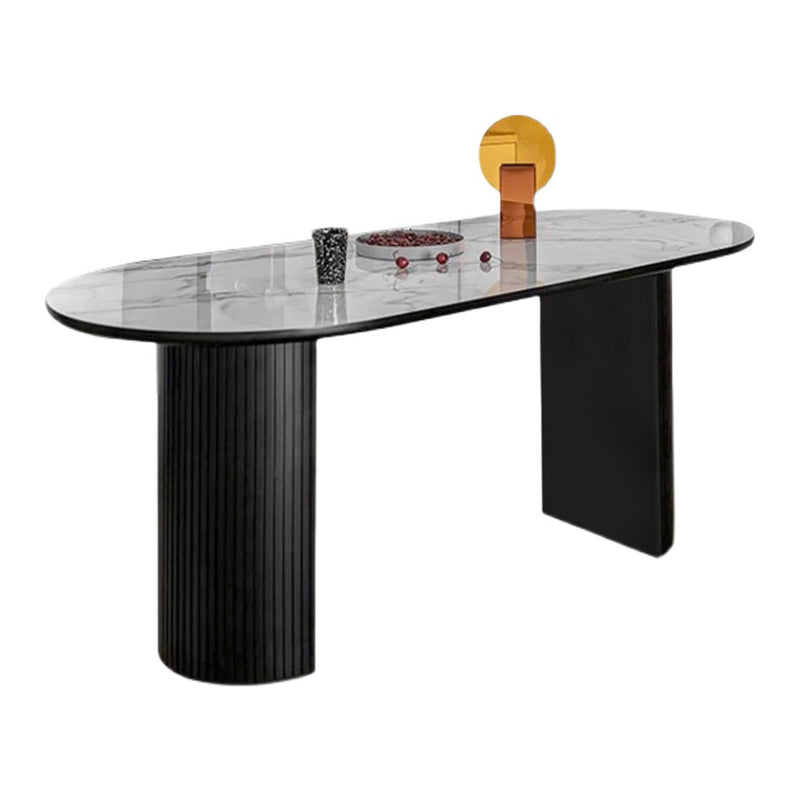 Metal Contemporary Oval Dining Table Sintered Stone Top Table with Double Pedestal Base