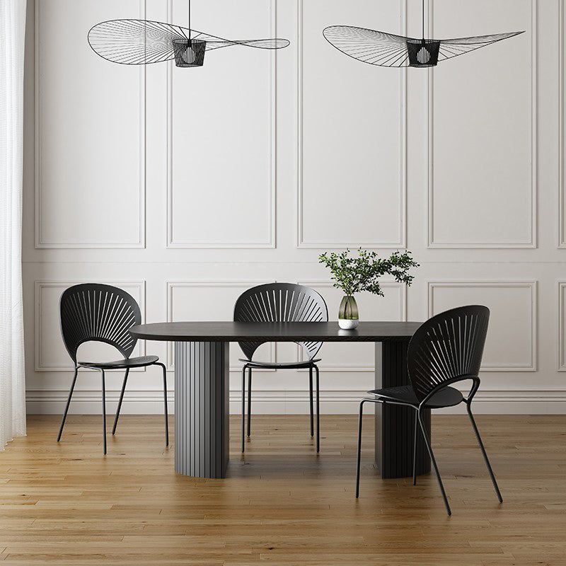 Metal Contemporary Oval Dining Table Sintered Stone Top Table with Double Pedestal Base