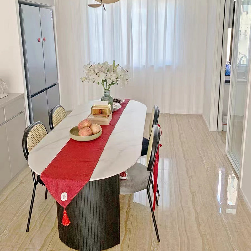 Metal Contemporary Oval Dining Table Sintered Stone Top Table with Double Pedestal Base