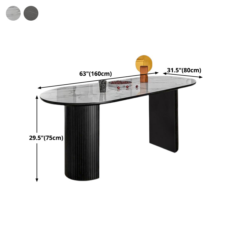 Metal Contemporary Oval Dining Table Sintered Stone Top Table with Double Pedestal Base