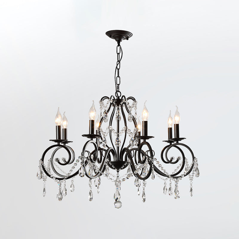 Retro Candlestick Chandelier Iron Hanging Lamp with Crystal for Living Room