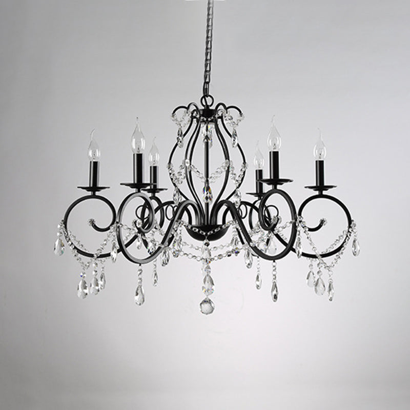 Retro Candlestick Chandelier Iron Hanging Lamp with Crystal for Living Room