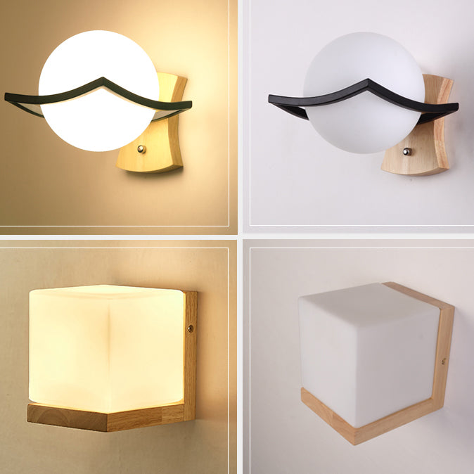 Estilo japonés de pared de madera de madera apliques de pared geométrica con vidrio blanco