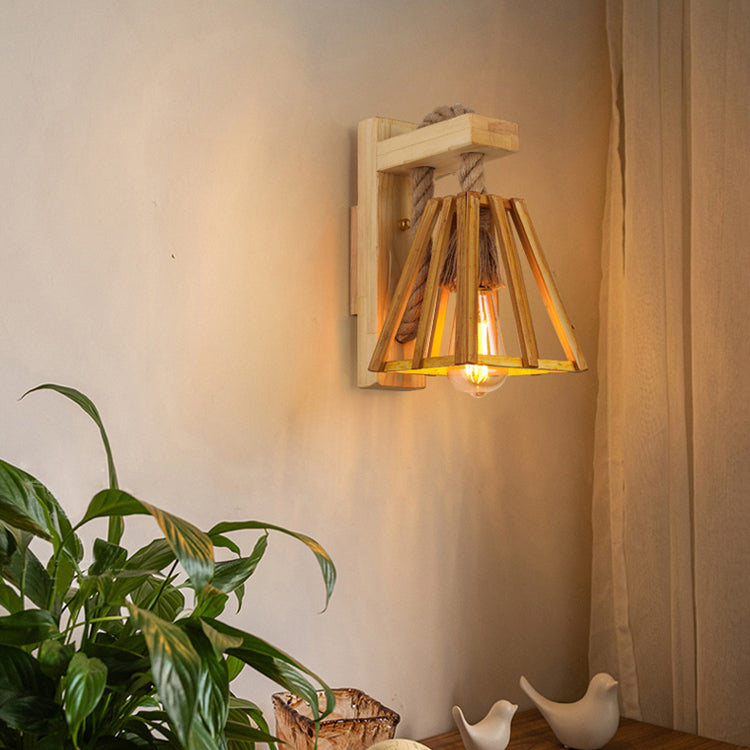 Japanese Style Wood Wall Light Geometric Shape Wall Sconce Lamp Fixture for Bedroom