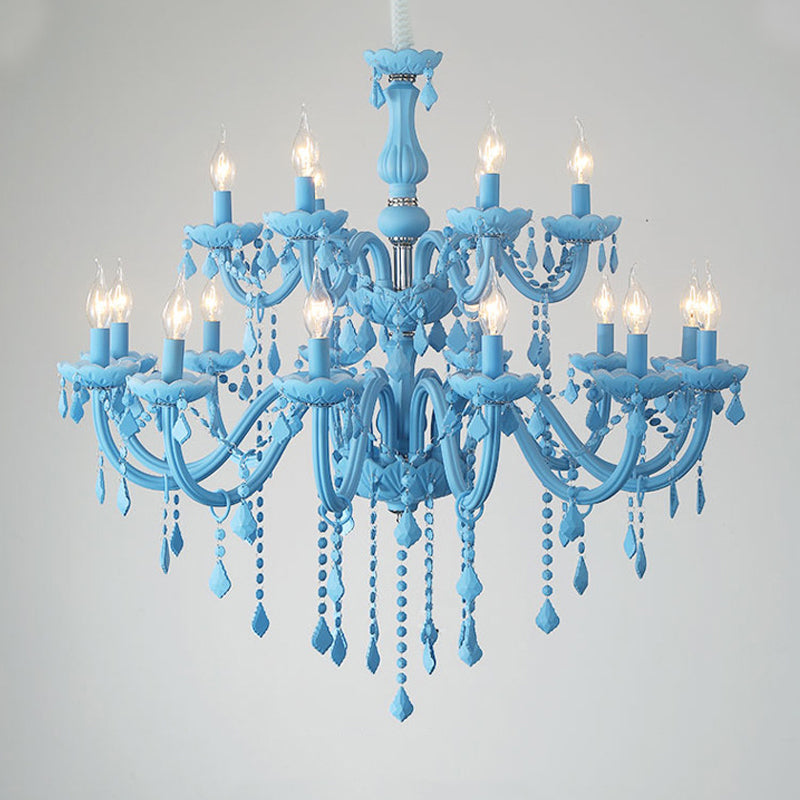 Multi Light Candle Branch Hanging Pendant Modern Style Crystal Hanging Lighting in Blue