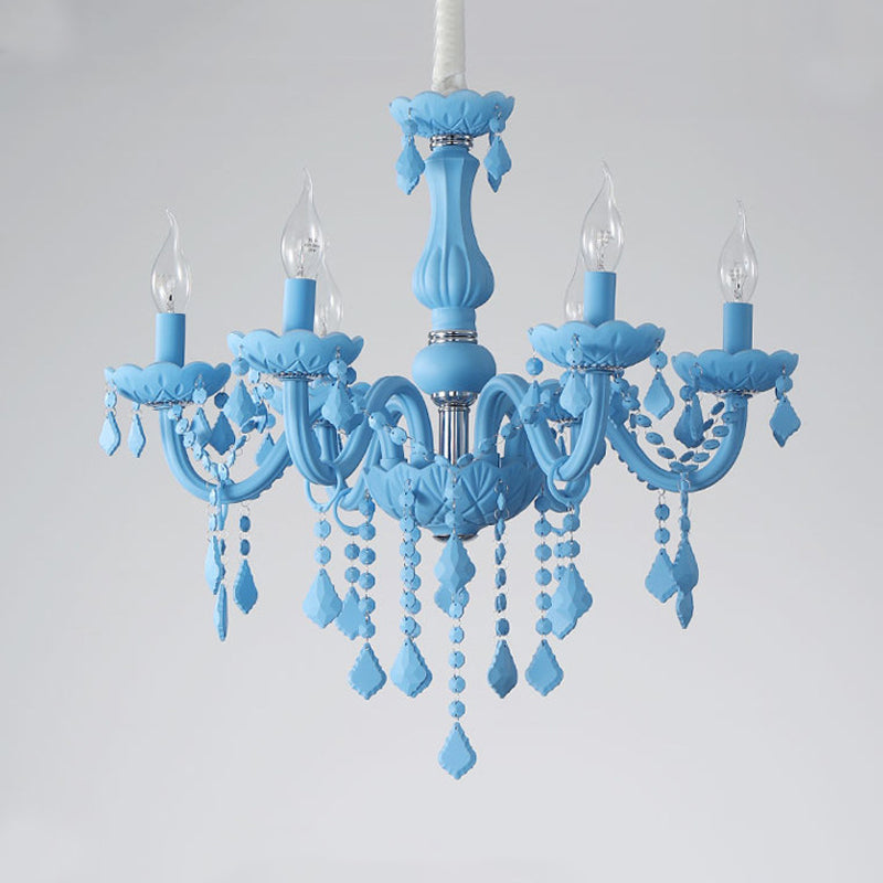 Multi Light Candle Branch Hanging Pendant Modern Style Crystal Hanging Lighting in Blue