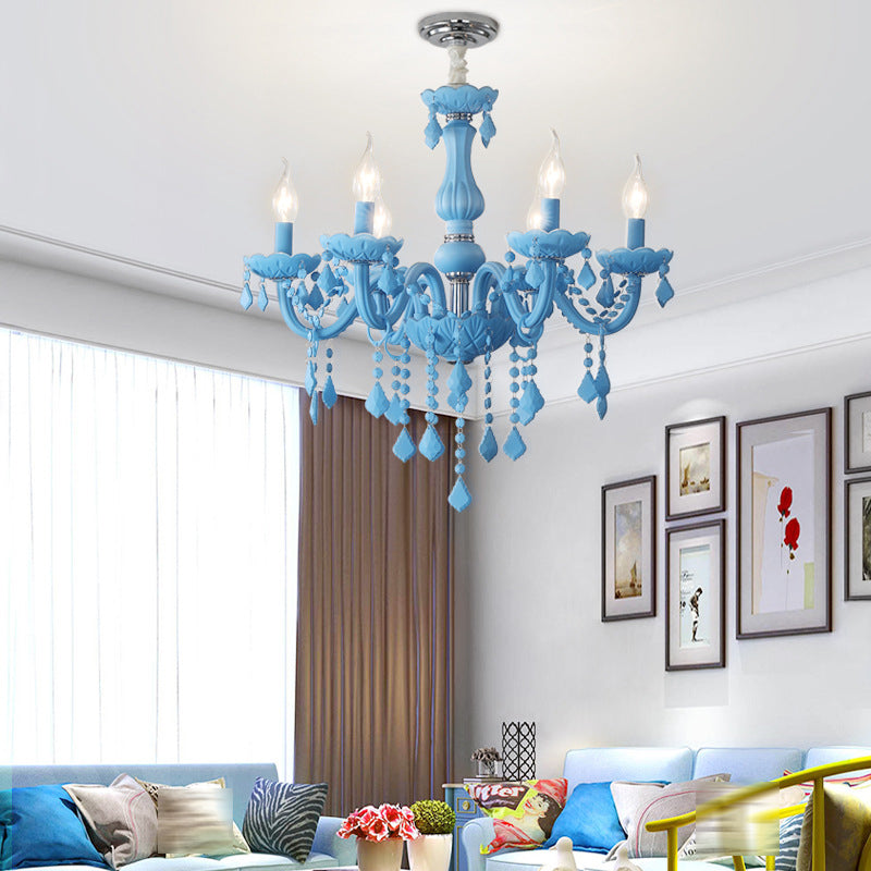 Multi Light Candle Branch Hanging Pendant Modern Style Crystal Hanging Lighting in Blue