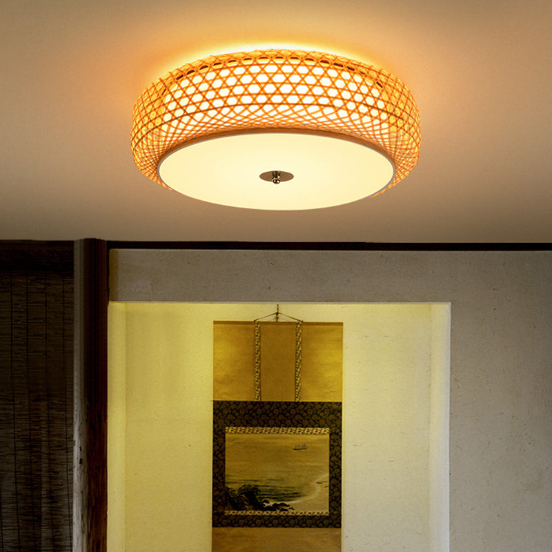 Bamboo Drum Ceiling Lamp Asian Style Ceiling Mount Light Fixture for Living Room