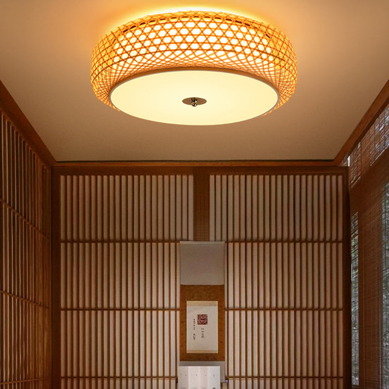Bamboo Drum Ceiling Lamp Asian Style Ceiling Mount Light Fixture for Living Room