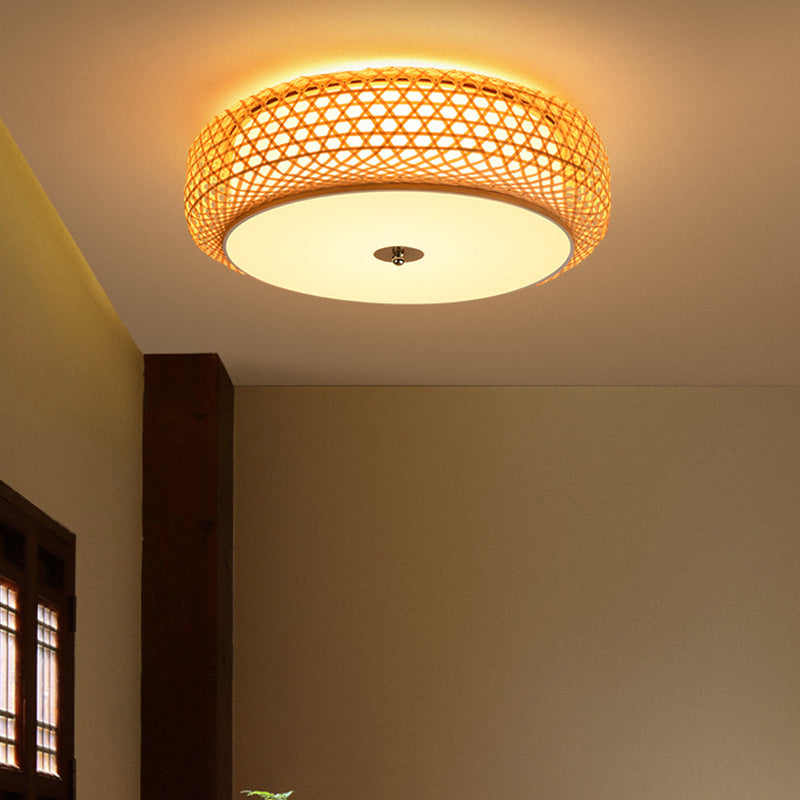 Bamboo Drum Ceiling Lamp Asian Style Ceiling Mount Light Fixture for Living Room