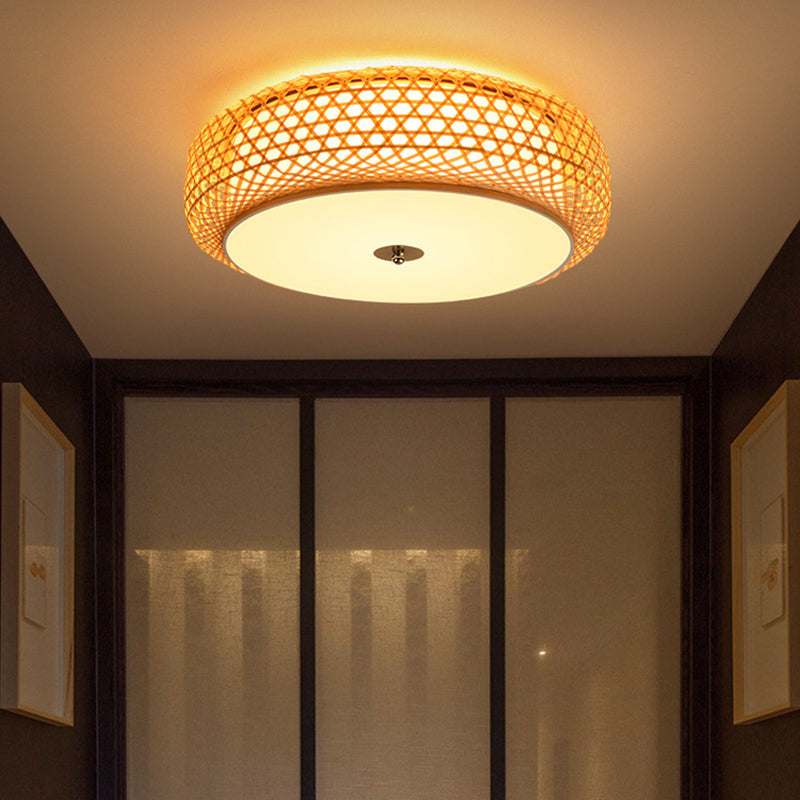 Bamboo Drum Ceiling Lamp Asian Style Ceiling Mount Light Fixture for Living Room