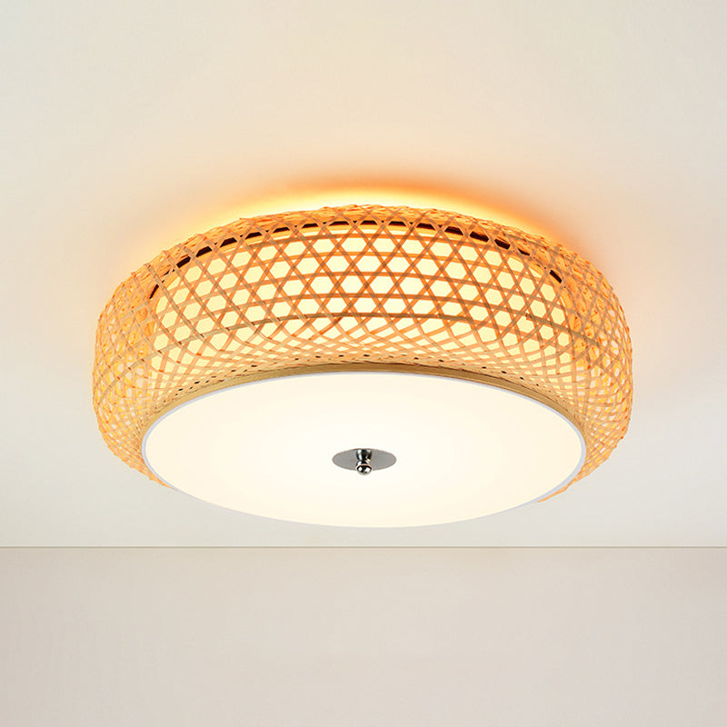 Bamboo Drum Ceiling Lamp Asian Style Ceiling Mount Light Fixture for Living Room
