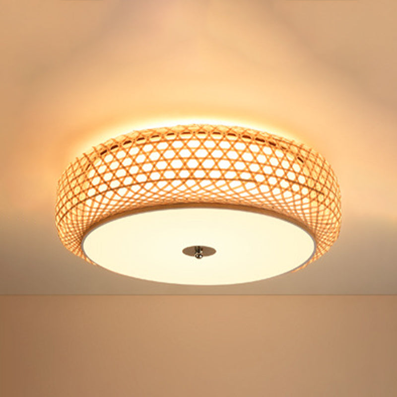 Bamboo Drum Ceiling Lamp Asian Style Ceiling Mount Light Fixture for Living Room