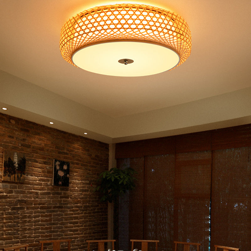 Bamboo Drum Ceiling Lamp Asian Style Ceiling Mount Light Fixture for Living Room