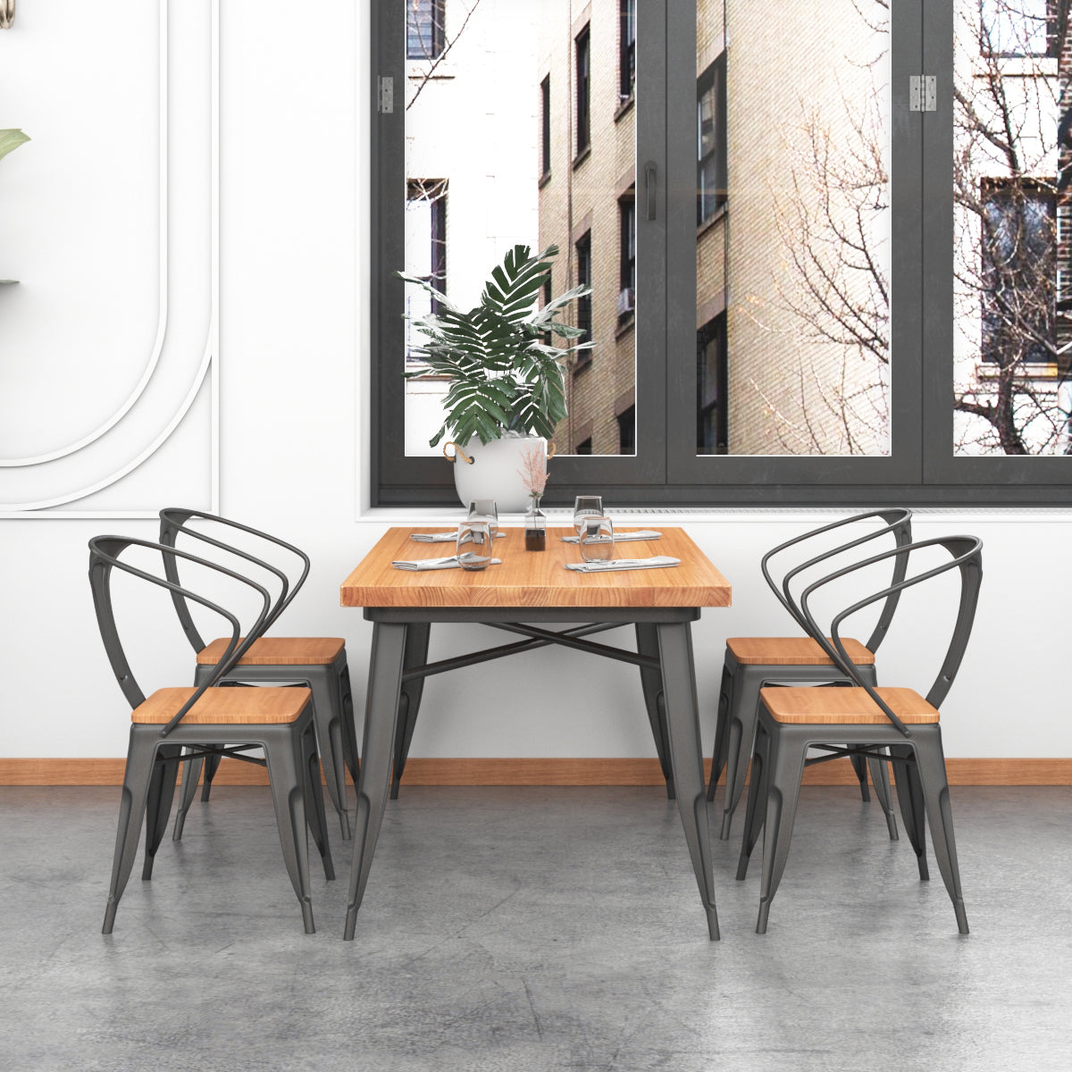 Mesa de comedor de madera sólida Mesa de comedor industrial de 4 patas con base de metal