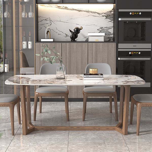Mesa rectangular con tapa de piedra sinterizada para restaurante mesa moderna con base de caballete de fresno