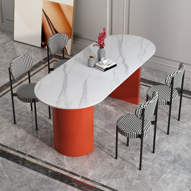 Oval Sintered Stone Dining Table Modern White Dining Table with Double Pedestal Base