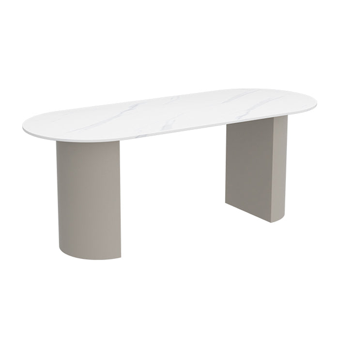 Oval Sintered Stone Dining Table Modern White Dining Table with Double Pedestal Base