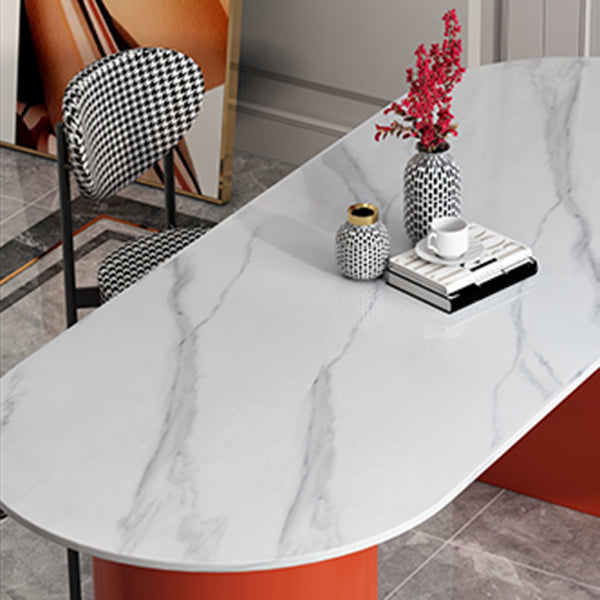 Oval Sintered Stone Dining Table Modern White Dining Table with Double Pedestal Base