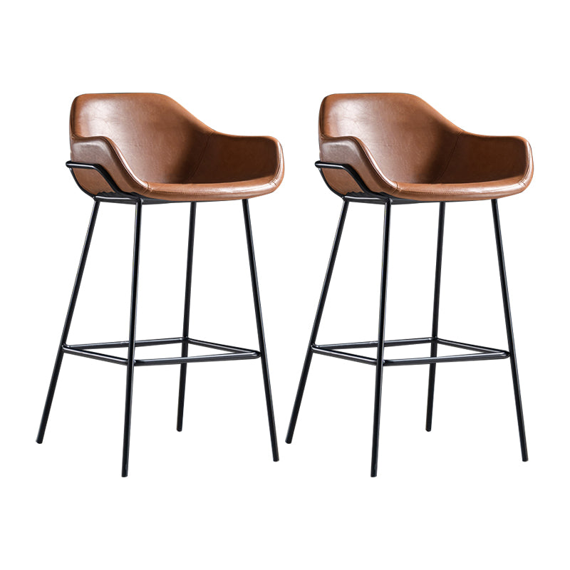 Taburete de bar con respaldo bajo de hierro industrial, taburete alto para interiores simple con asiento de cuero