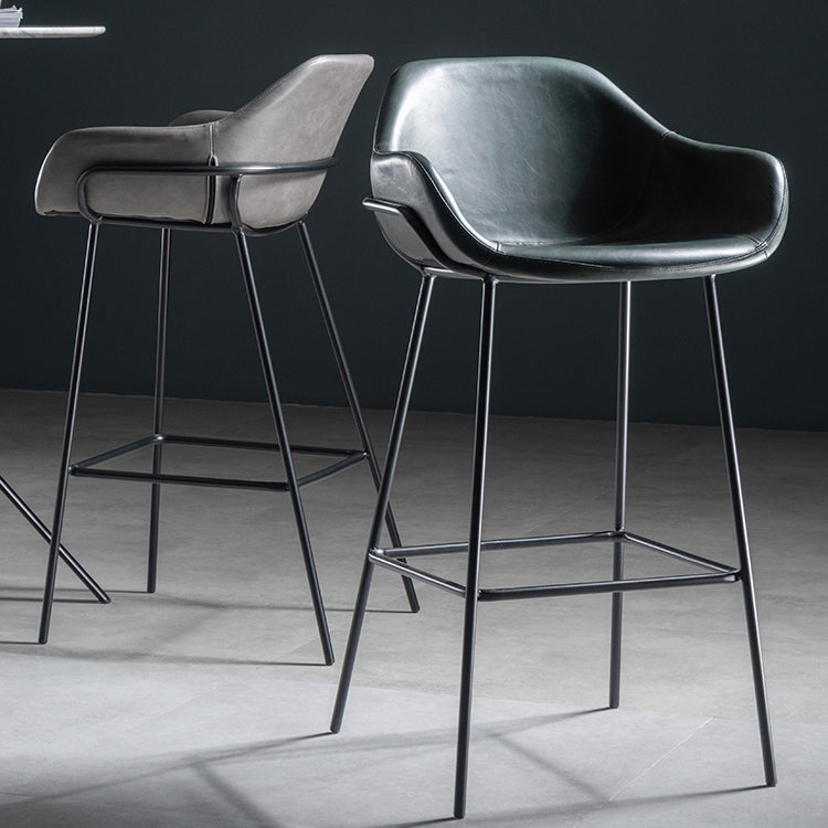 Taburete de bar con respaldo bajo de hierro industrial, taburete alto para interiores simple con asiento de cuero