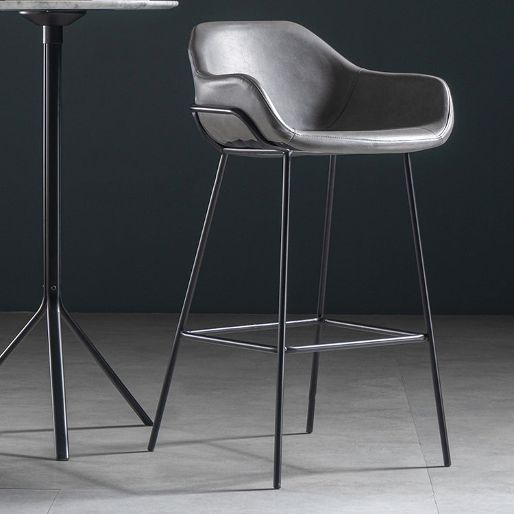 Taburete de bar con respaldo bajo de hierro industrial, taburete alto para interiores simple con asiento de cuero