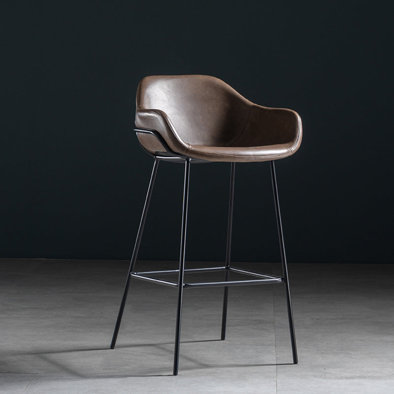 Taburete de bar con respaldo bajo de hierro industrial, taburete alto para interiores simple con asiento de cuero