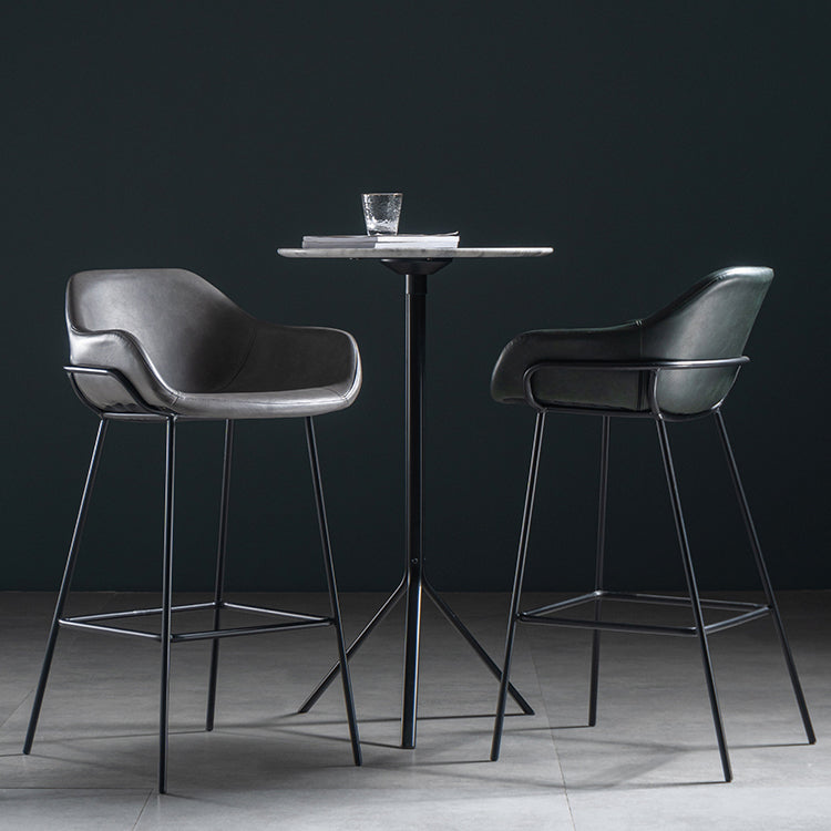 Taburete de bar con respaldo bajo de hierro industrial, taburete alto para interiores simple con asiento de cuero